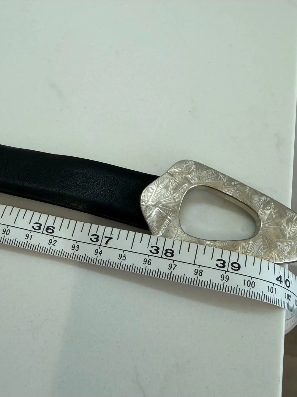 Vintage Black Leather Belt Silver Why CB Ed Buckle Women’s Size Med LRG